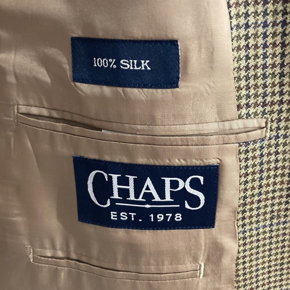 CHAPS Blazer Mens 42 Suit Jacket Gold Check Plaid 100% Silk RL Sport Coat 42L - Picture 5 of 7